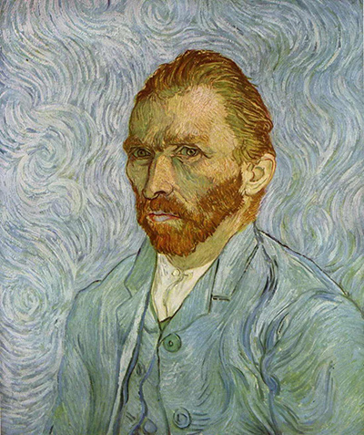 Selbstbildnis - barhaupt, in geöffnetem Rock vor wirbelförmig bewegtem Hintergrund Vincent van Gogh